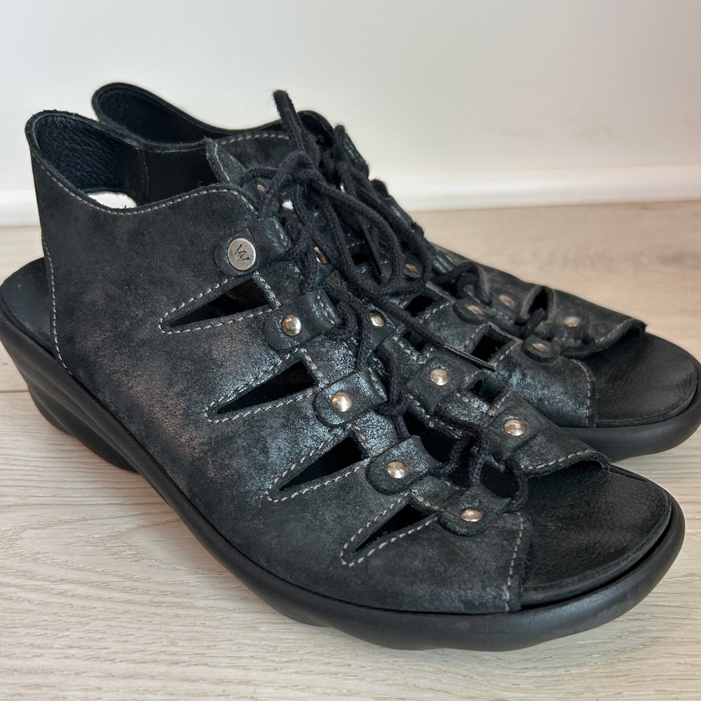 Wolky Arena Black Leather Wedge Sandals